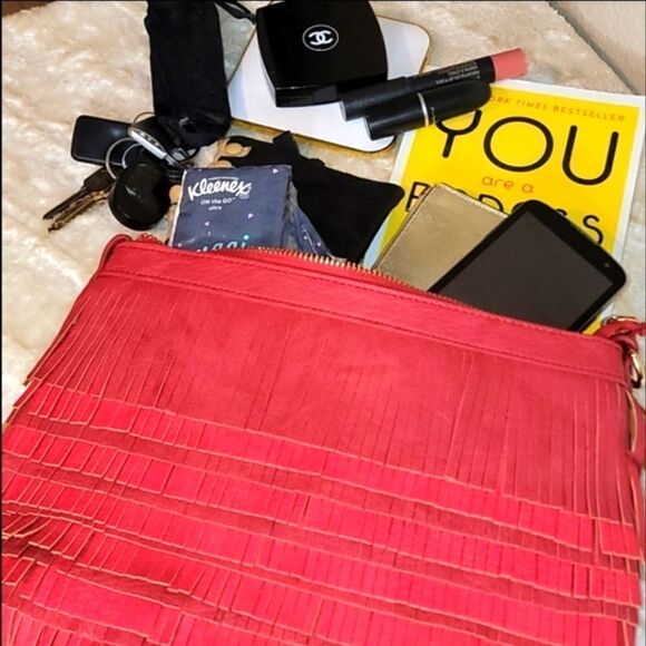 Red Vegan Suede/Leather Fringed Clutch/Crossbody - Picture 2 of 16